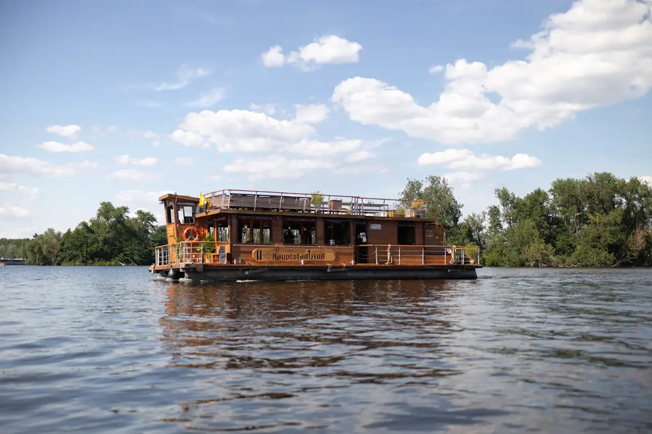 The Berlin "Capital Raft" from Berlin Boat Rental on a boat tour across the Spree