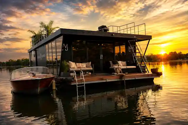 The houseboat Mabelle Joyeuse on the water at sunset