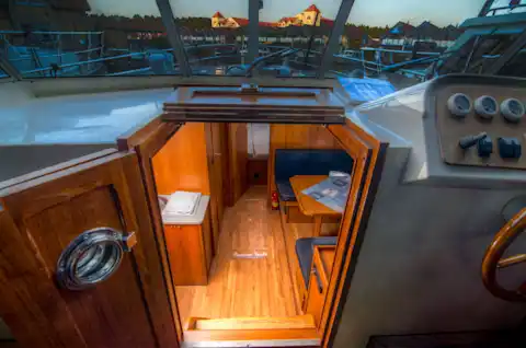 View of the illuminated wooden cabin