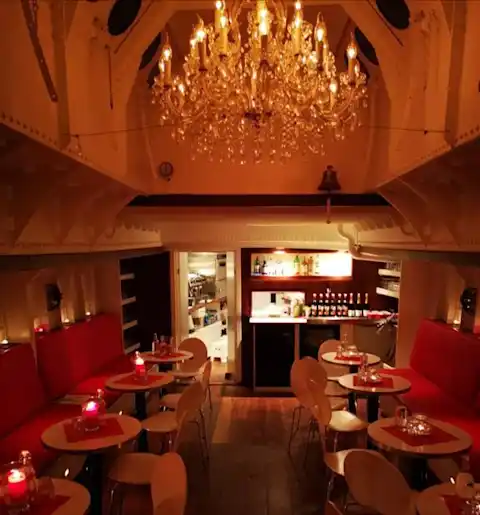 Noble salon with chandelier and bar on the salon ship Johanna