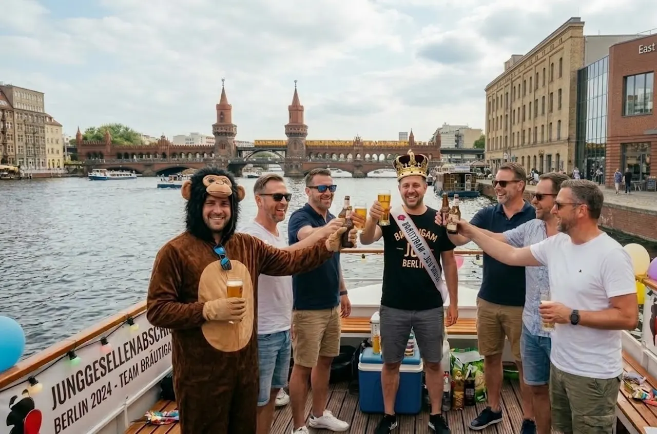 Junggesellenabschied (JGA) in Berlin auf einem Boot vor der Oberbaumbrücke.