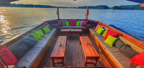 Benches and tables on the T-Bone BBQ raft